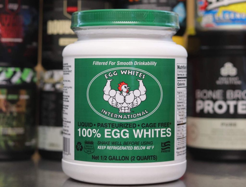 Egg White International Half Gallon Tub with chicken lifting weights