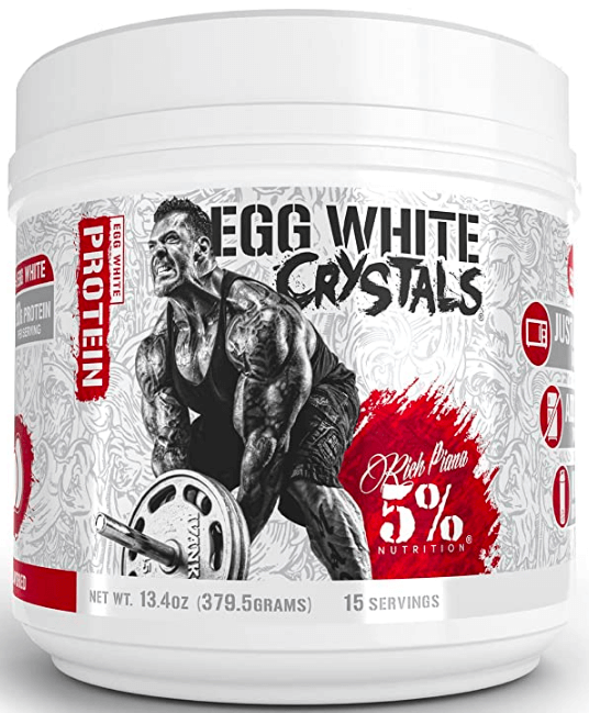 5% nutrition brand egg white crystals white tub with image of extremely muscular and tattooes man in tank top and shorts lifting weights