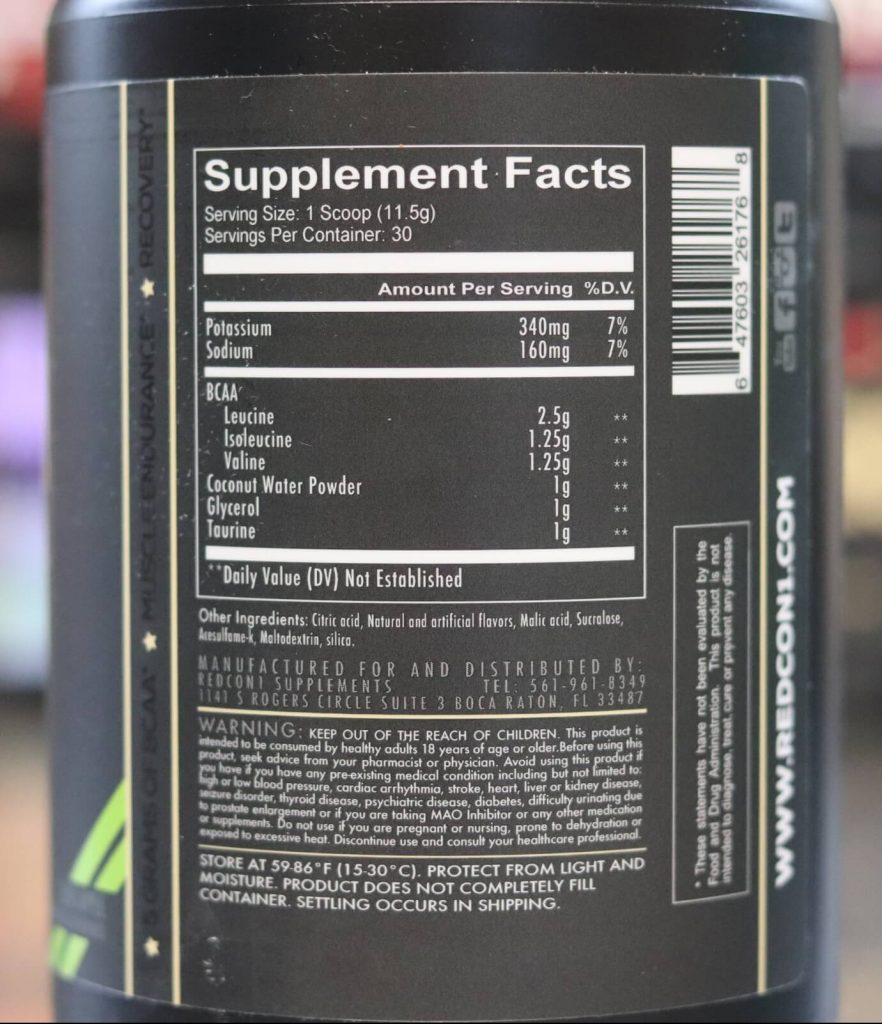 supplement facts and ingredients on back of redcon1 breach black tub