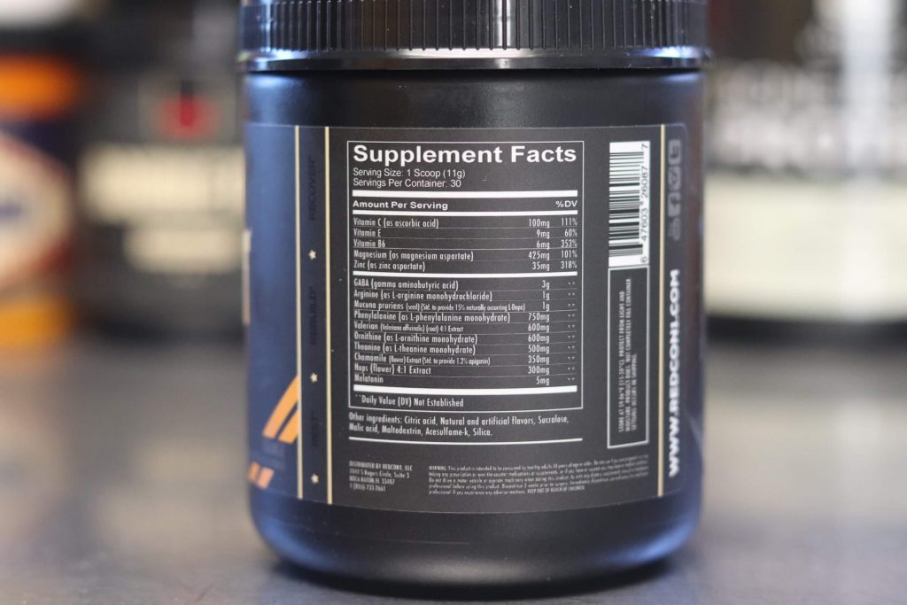 redcon1 fade out black tub with black label showcasing supplement facts and ingredients