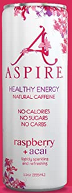 pink background with white and pink can of aspire healthy energy natural caffeine drink with no calories, sugars or carbs in raspberry acai flavor with letter a logo covered in flowers