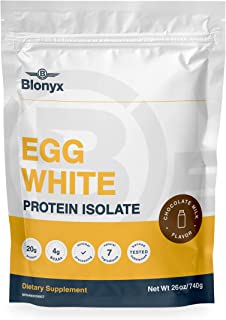 blonyx brand egg white protein isolate powder package with white yellow and blue background
