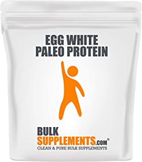 bulksupplements.com brand egg white paleo protein powder with white background and orange cartoon-like shape of a person raising their arm