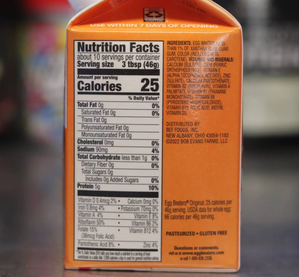 orange side of egg beaters carton containing nutrition facts and ingredients