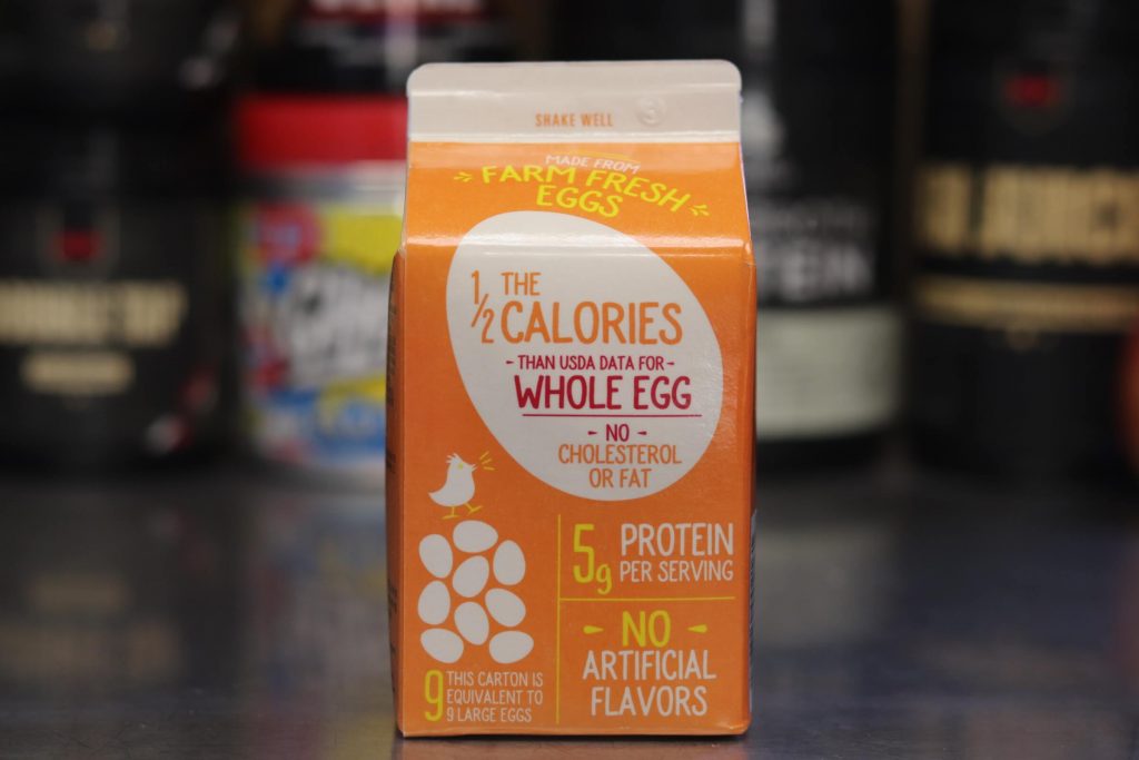 side of orange carton of egg beaters reading 1/2 the calories than usda data for whole egg, no cholesterol or fat, 5g protein per serving, no artificial flavors, this carton is equivalent to 9 large eggs