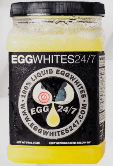 egg whites 24/7 brand liquid egg whites in a clear container with yellow liquid with black label and black lid