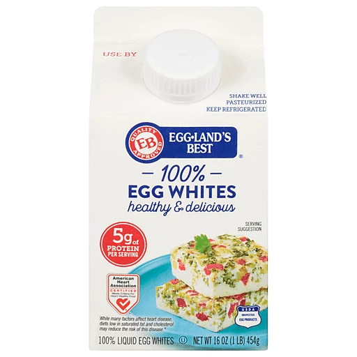 eggland's best 100% egg whites healthy and delicious white carton with blue plate with squares of multicolored omelets cooked with egg whites