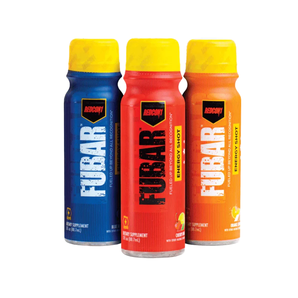 three redcon1 fubar energy shots in blue, red and orange bottles, each with a yellow cap