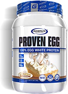 gaspari brand proven egg 100% egg white protein white tub with picture of slice of coconut custard pie