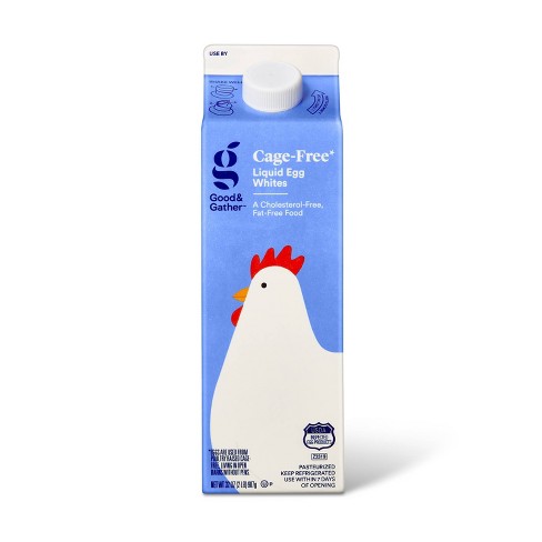 good & gather cage free liquid egg whites tall container with periwinkle background with cartoon side view of corpulent chicken