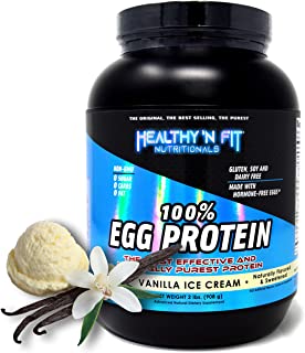 black tub of healthy 'n fit brand egg white protein with iridescent blue and black label reading vanilla ice cream with overlaying image of ice cream, vanilla beans and a white flower