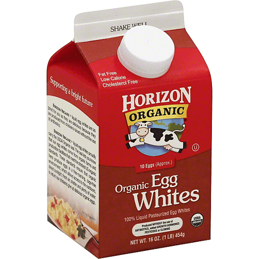 horizon organic egg whites 16 ounce red carton with cartoon cow leaping in front of the earth