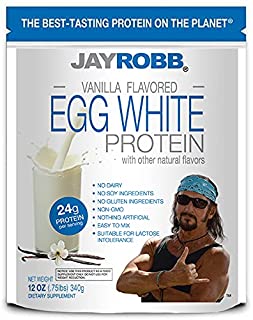 jay robb brand vanilla flavored egg white protein powder with image of glass of egg whites splashing on left side of package and right side of package has bearded man wearing sunglasses and bandana giving surfer hand gesture