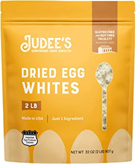 judee's brand dried egg whites package yellow with 4 cartoon eggs on bottom with spoon cutout shape in packaging so you can see what the product looks like