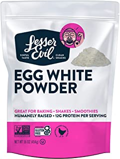 lesser evil brand egg white powder package with white and purple background with pile of while powder in top right corner