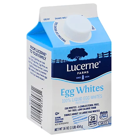 lucerne farms egg whites 16 ounce carton with light blue background with dark blue fence, grass and single tree