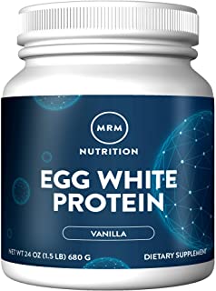 mrm nutrition brand egg white protein powder white tub with blue label, vanilla flavored