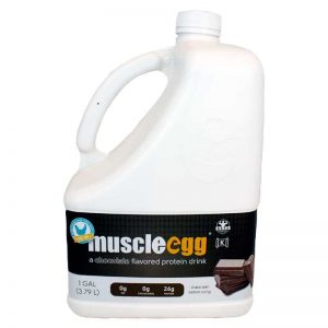 handled jug of muscle egg brand chocolate flavored liquid egg whites with picture of stacked chocolate squares