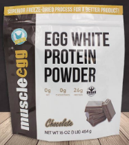 muscle egg brand egg white protein powder 16 ounce resealable chocolate bag with 3 chunks of chocolate