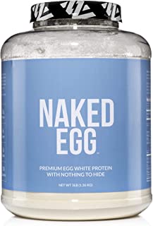naked egg brand egg white protein powder tub with blue label and white powder