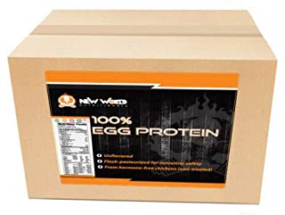 image of rectangle box with black and yellow label reading new world nutritionals 100% egg protein
