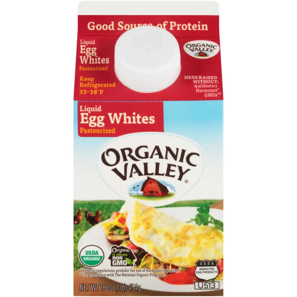 organic valley liquid egg whites 16 ounce carton with red background and photo of egg white omelet in front of field with brown chickens roaming freely