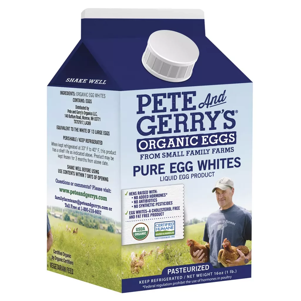 pete and gerry's organic eggs pure egg whites 16 ounce carton with dark blue background and photo of man in the sun holding two brown chickens wihth more brown chickens running in the grass behind him