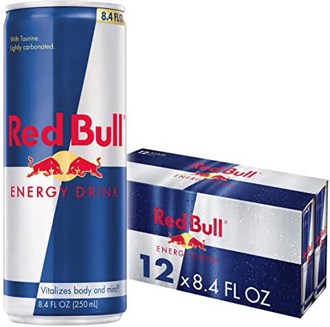 twelve pack of 8.4 ounce red bull with closeup of can with blue and silver background and red logo of two bulls fighting