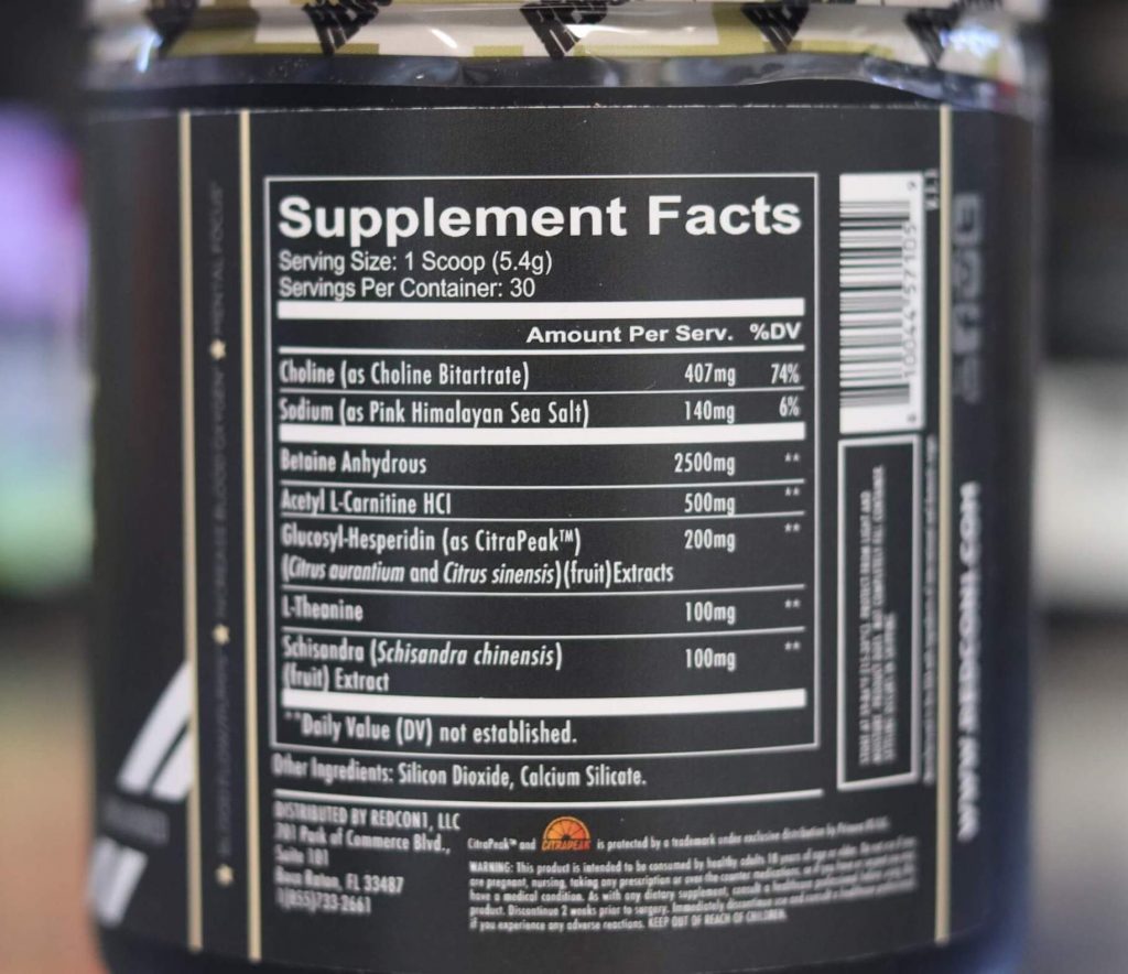 supplement facts for redcon1 big noise pump formula on back of black tub