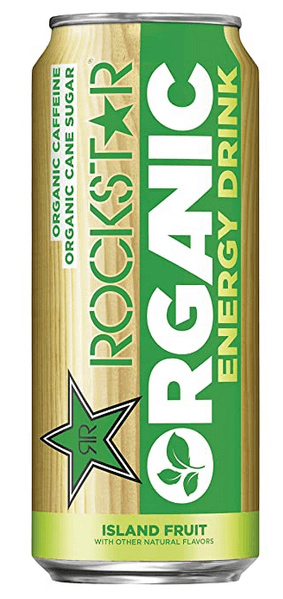 light brown and green can of rockstar organic energy drink with rockstar logo of star with two letter Rs, one forward and one backwards