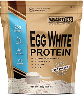 smart 138 brand egg white protein powder package with beige background with picture of mountain of powder with scoop