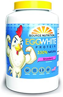 source nutrition brand egg white protein powder tub with muscular cartoon chicken over light blue background with yellow lid, strawberry flavor