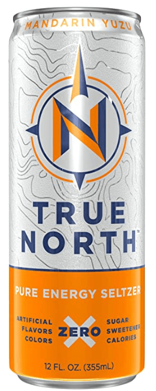 orange and white can of true north pure energy seltzer with compass logo in orange and blue with the letter n in the middle