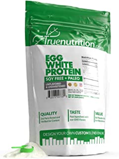 True Nutrition brand egg white protein powder in green and white package reading quality, taste, value