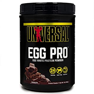 universal brand egg pro egg white protein powder black tub with photo of stacks of chocolate squares