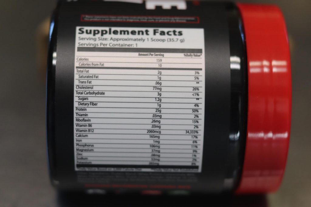 Supplement facts for insane labz insane whey protein powder in the chocolate flavor including calories, vitamins and more