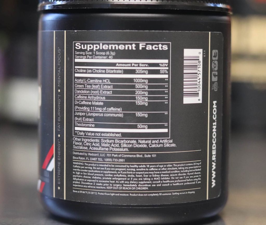 supplement facts for redcon1 double tap on black tub with black label
