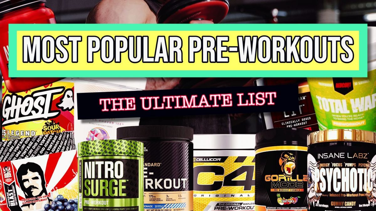multiple tubs of popular pre-workout supplements including nitro surge, ghost, total ware and insane labz psychotic