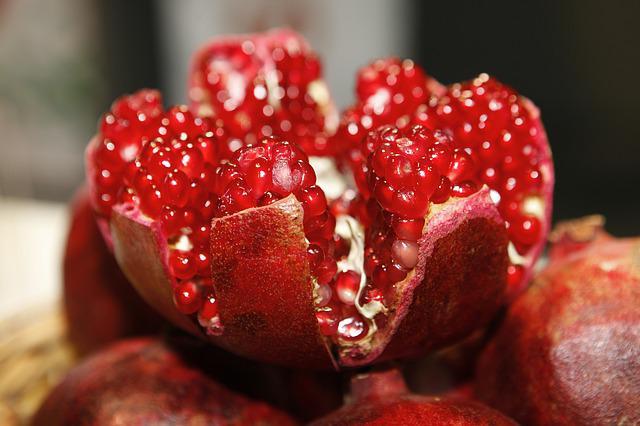closeup of pomegranate fruit split open with juicy red seeds bursting out of the skin
